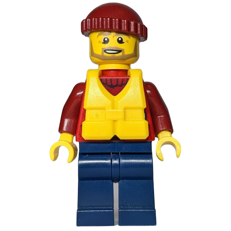 LEGO Man, Open Red Jacket over Dark Red Sweater, Dark Red Hat, Yellow Life Vest, Beard (fig-007281)