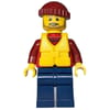 Man, Open Red Jacket over Dark Red Sweater, Dark Red Hat, Yellow Life Vest, Beard