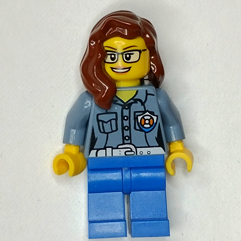 LEGO Coast Guard, Woman, Sand Blue Shirt with Badge, Reddish Brown Hair, Glasses (fig-007283)