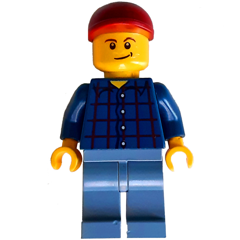 LEGO Man, Dark Blue Plaid Shirt, Sand Blue Legs, Dark Red Cap (fig-007287)