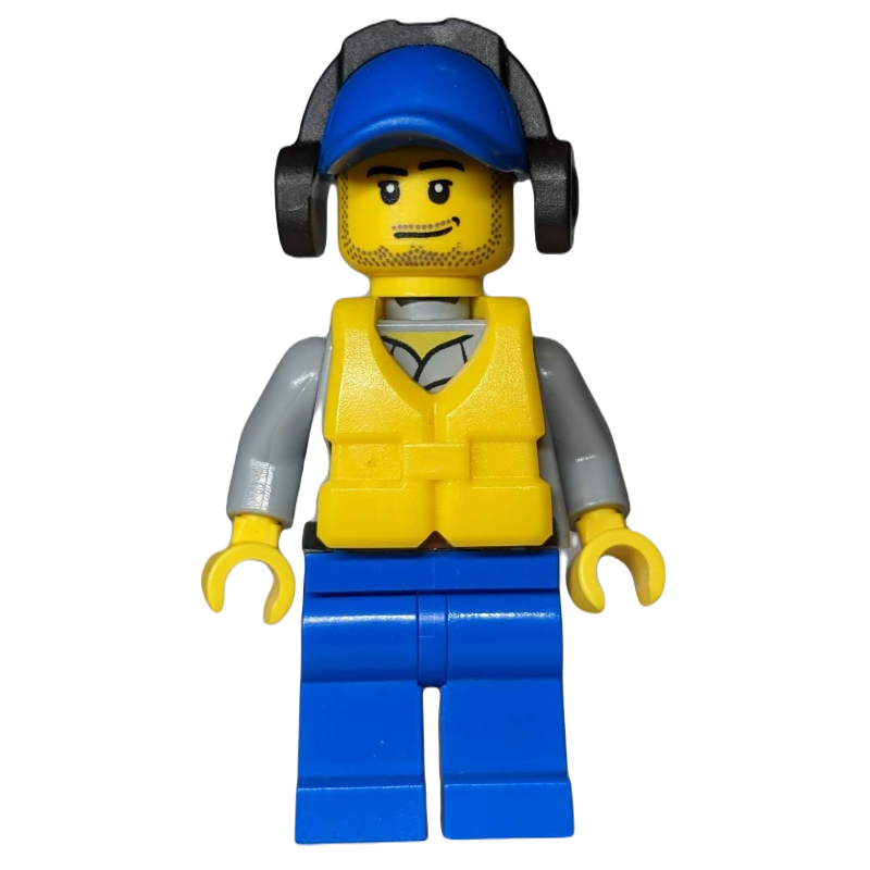 LEGO Coast Guard, Light Bluish Gray Shirt with Badge, Blue Cap, Ear Defenders, Yellow Life Vest, Stubble (fig-007289)