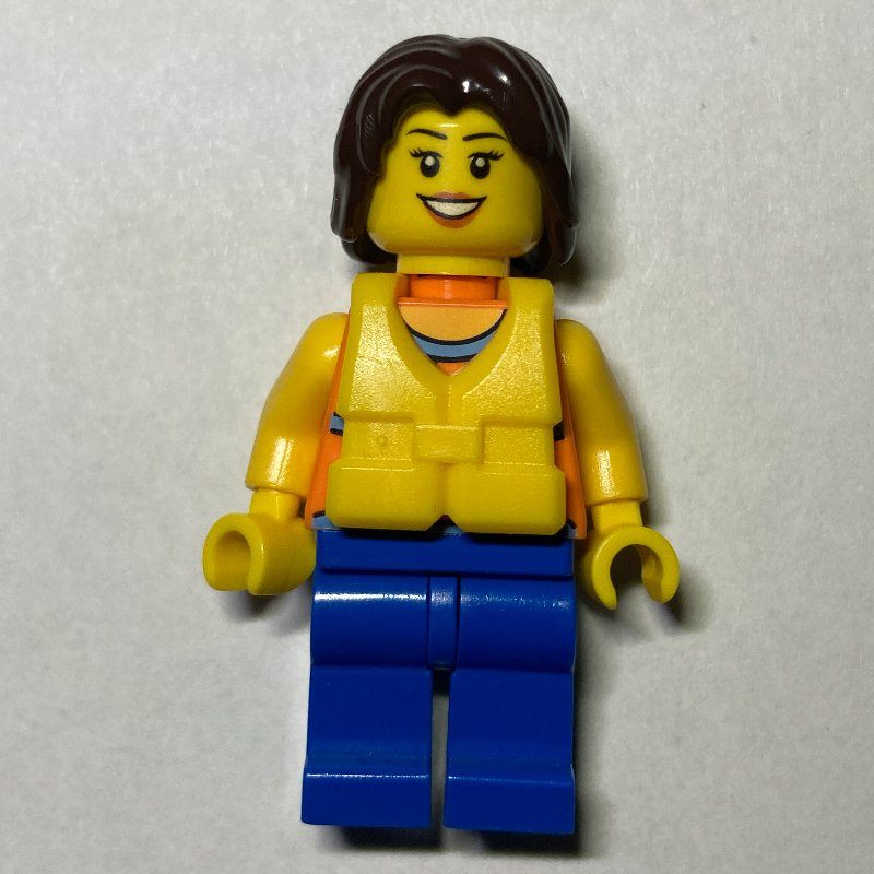 LEGO Woman, Orange Halter Top with Flowers, Blue Legs, Yellow Life Vest, Dark Brown Hair (fig-007291)