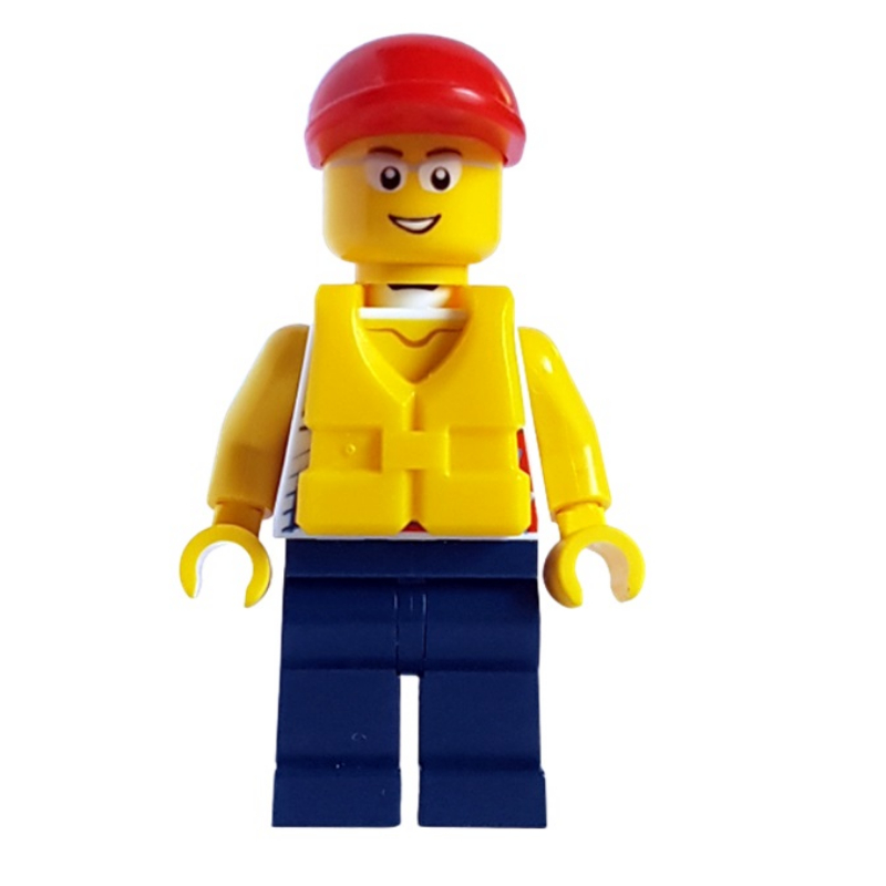 LEGO Man, White Vest Top, Dark Blue Legs, Red Cap, Yellow Life Vest, Glasses (fig-007292)