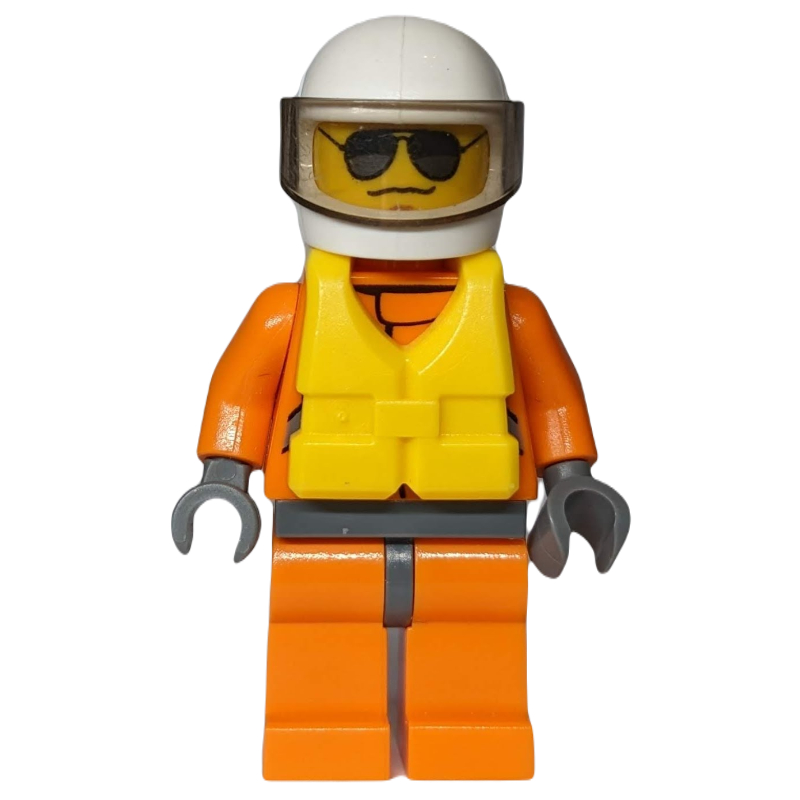 LEGO Coast Guard, Orange Jumpsuit, White Helmet with Visor, Yellow Life Vest, Sunglasses (fig-007293)