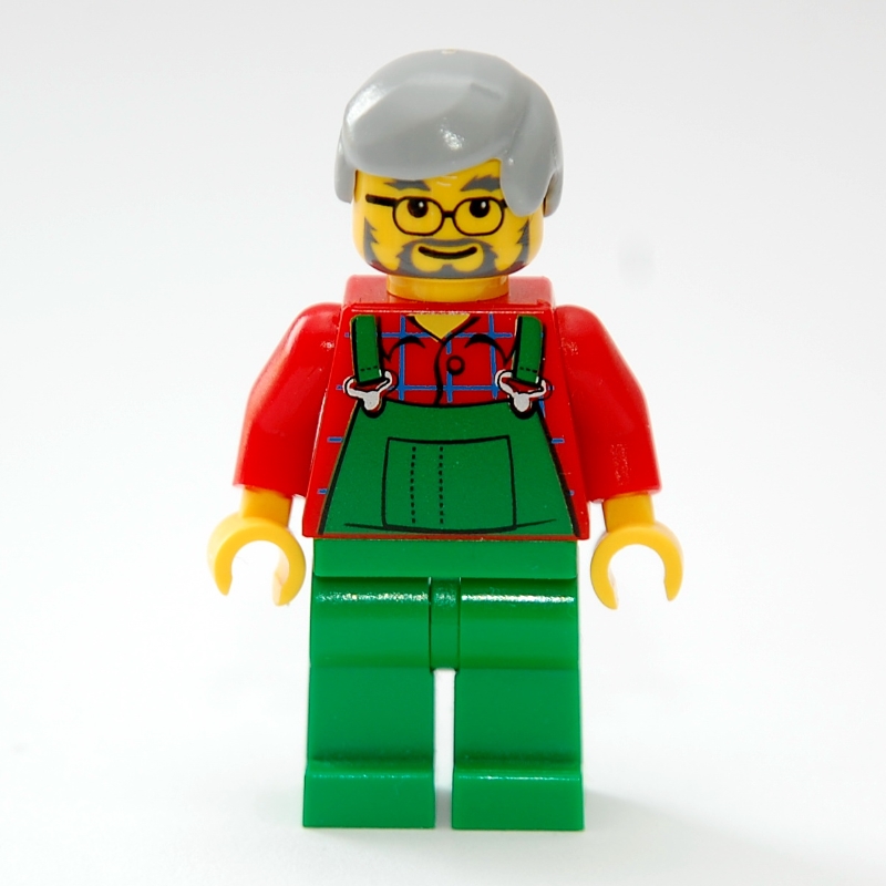 LEGO Man, Green Overalls over Red Shirt, Light Bluish Gray Hair, Glasses and Beard (fig-007328)