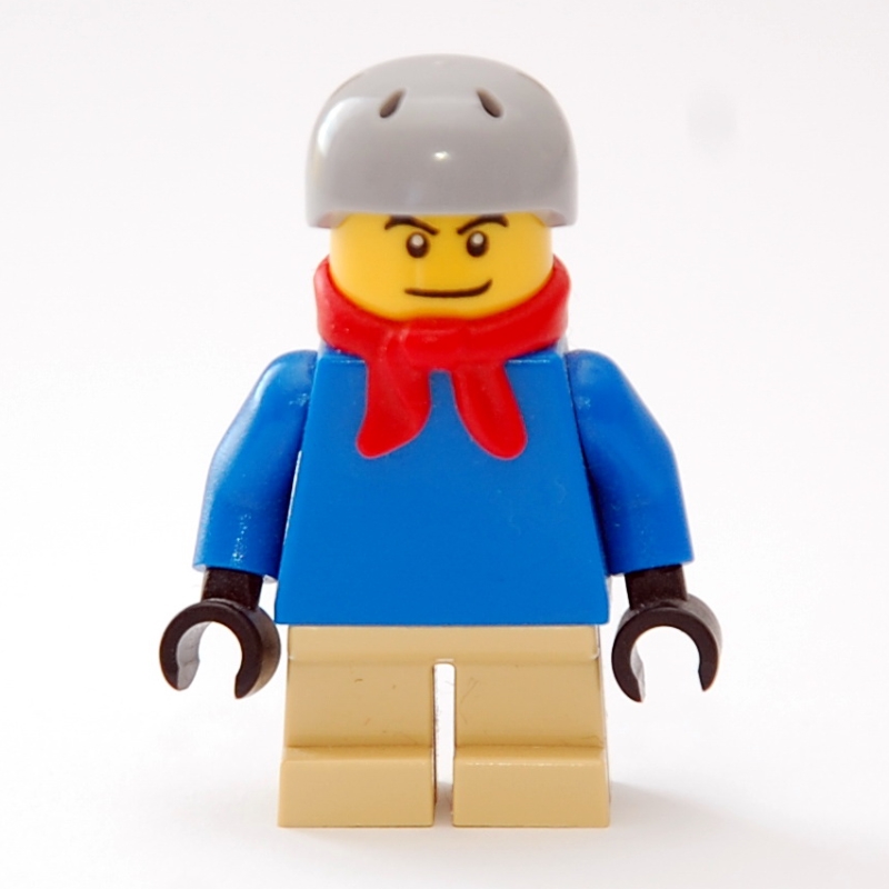 LEGO Boy, Plain Blue Torso, Short Tan Legs, Red Scarf, Helmet (fig-007329)
