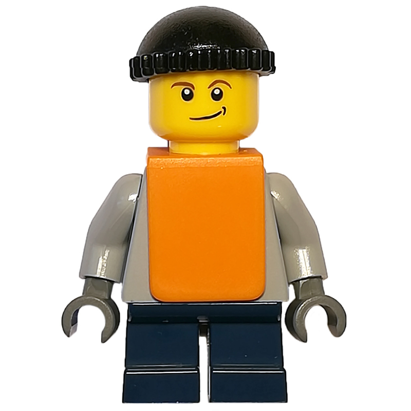 LEGO Boy, Plain Light Bluish Gray Torso, Short Dark Blue Legs, Black Hat, Orange Vest (fig-007330)