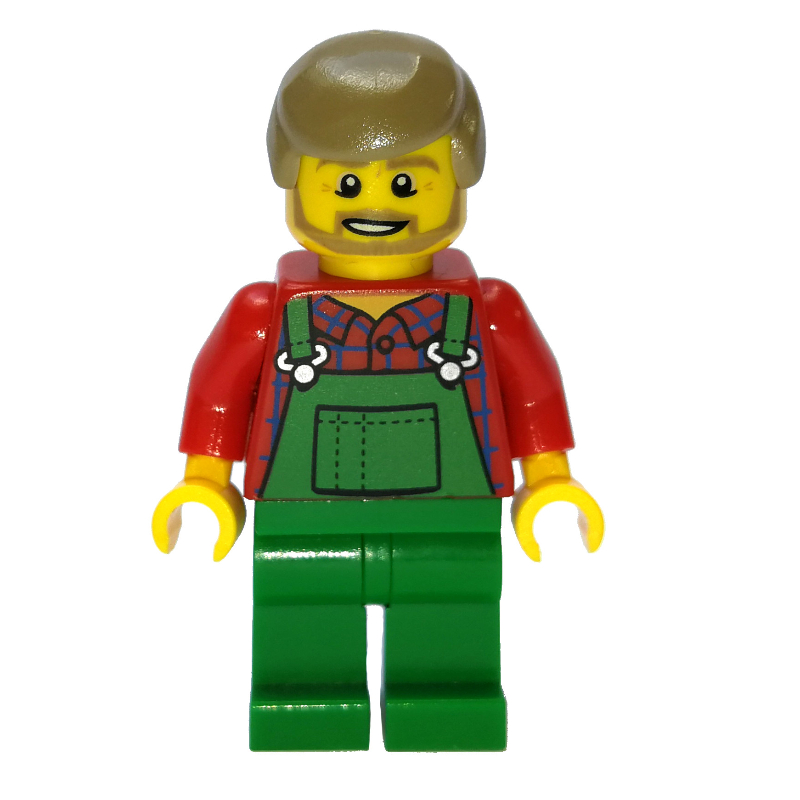 LEGO Man, Green Overalls over Red Shirt, Dark Tan Hair, Beard (fig-007336)
