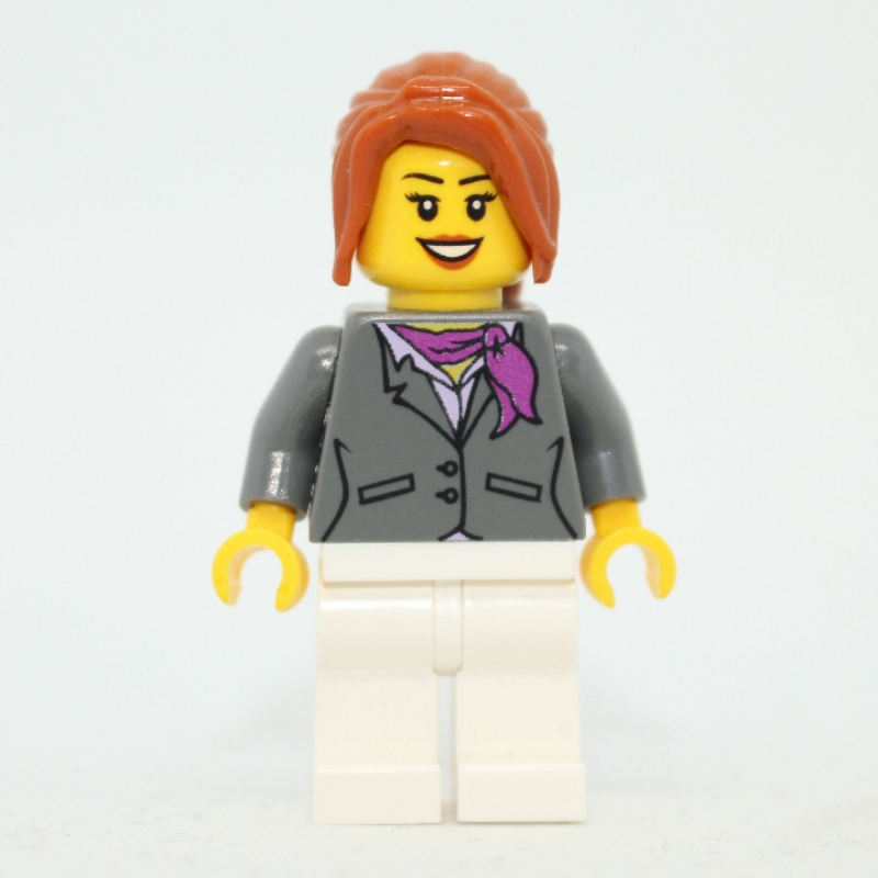 LEGO Woman, Dark Bluish Gray Jacket with Magenta Scarf, White Legs, Dark Orange Hair (fig-007340)