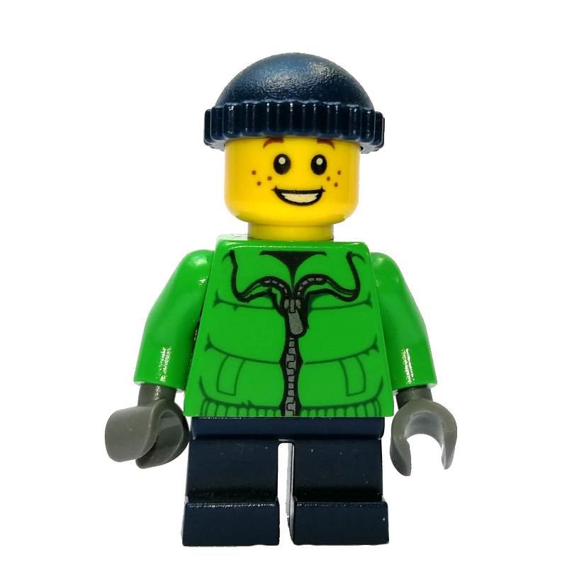 LEGO Boy, Green Jacket, Short Dark Blue Legs, Dark Blue Hat (fig-007341)