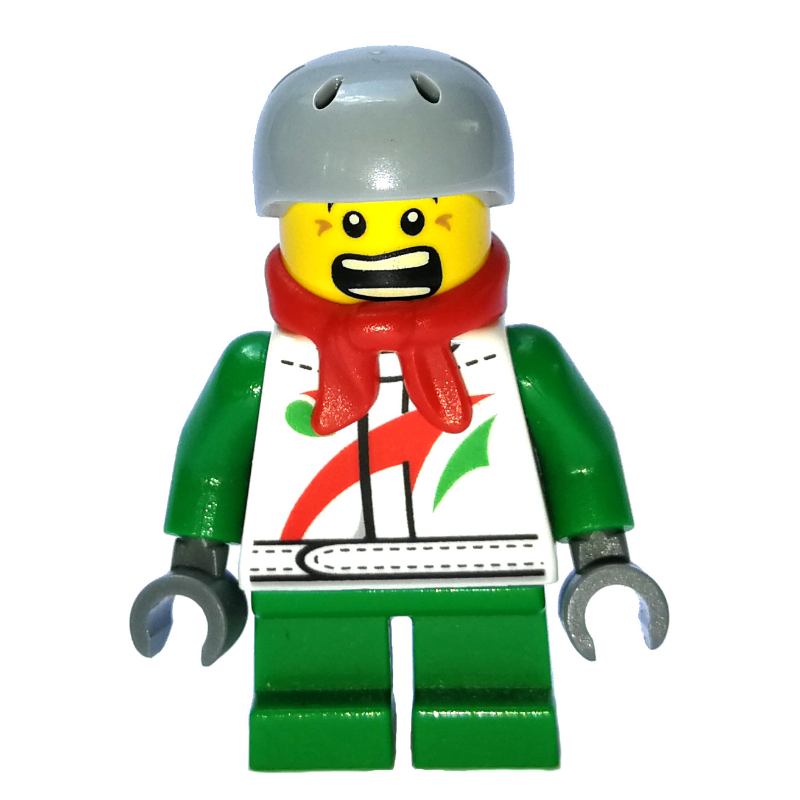 LEGO Boy, White and Green Jacket with Octan Logo, Red Scarf, Short Green Legs, Helmet (fig-007343)