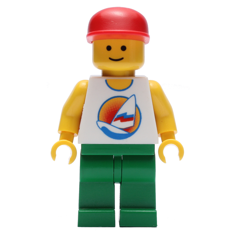 LEGO White Torso with Surfboard, Green Legs, Red Cap (3626b Head) (fig-007344)