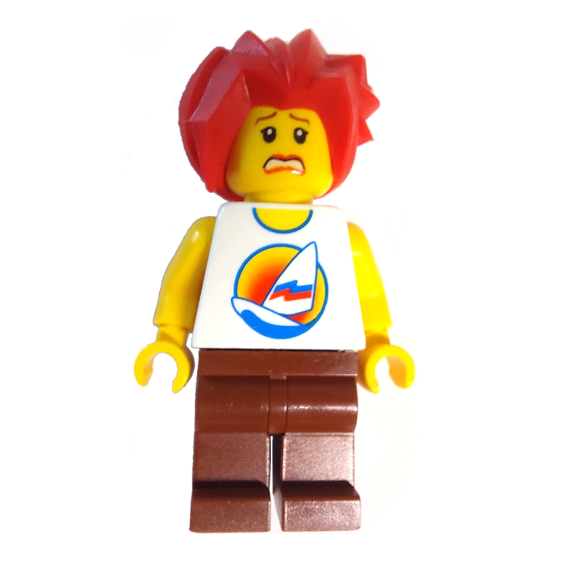 LEGO White Torso with Surfboard, Reddish Brown Legs, Red Hair (fig-007345)