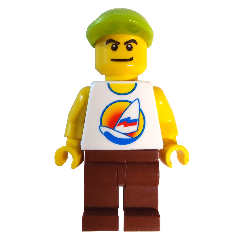LEGO White Torso with Surfboard, Reddish Brown Legs, Lime Cap (fig-007346)