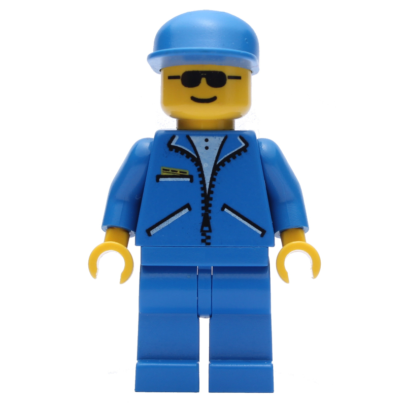 LEGO Man, Blue Jacket with Zipper, Blue Legs, Blue Cap, Sunglasses (fig-007349)