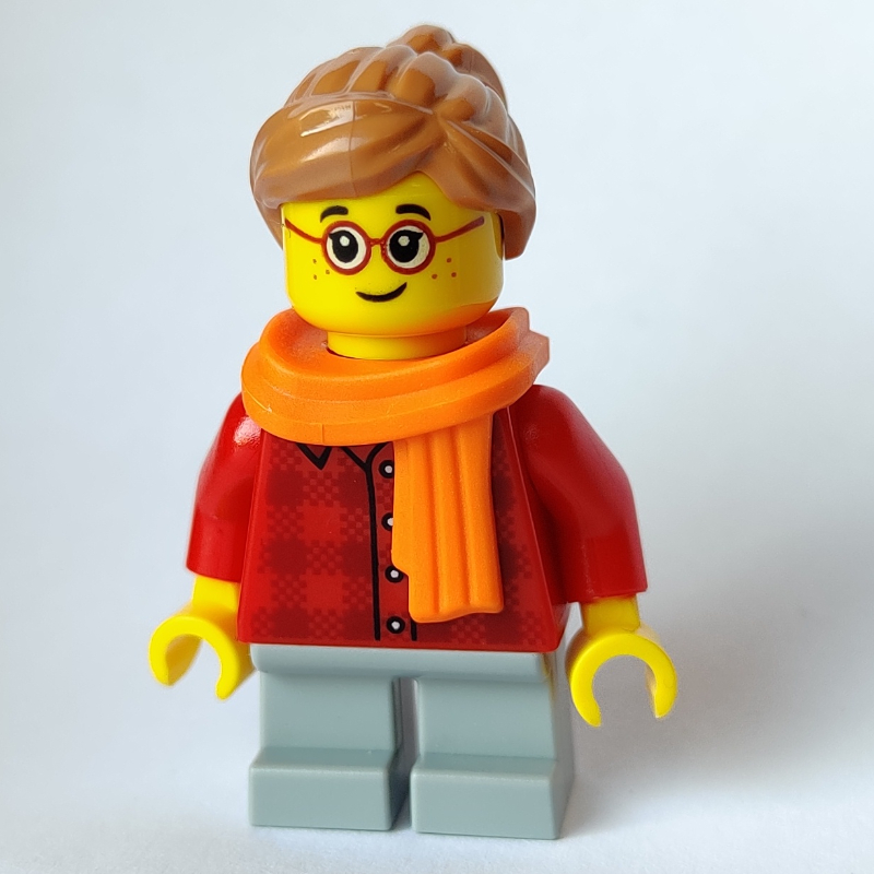 LEGO Girl, Red Flannel Shirt, Short Light Bluish Gray Legs, Orange Scarf, Glasses (fig-007359)