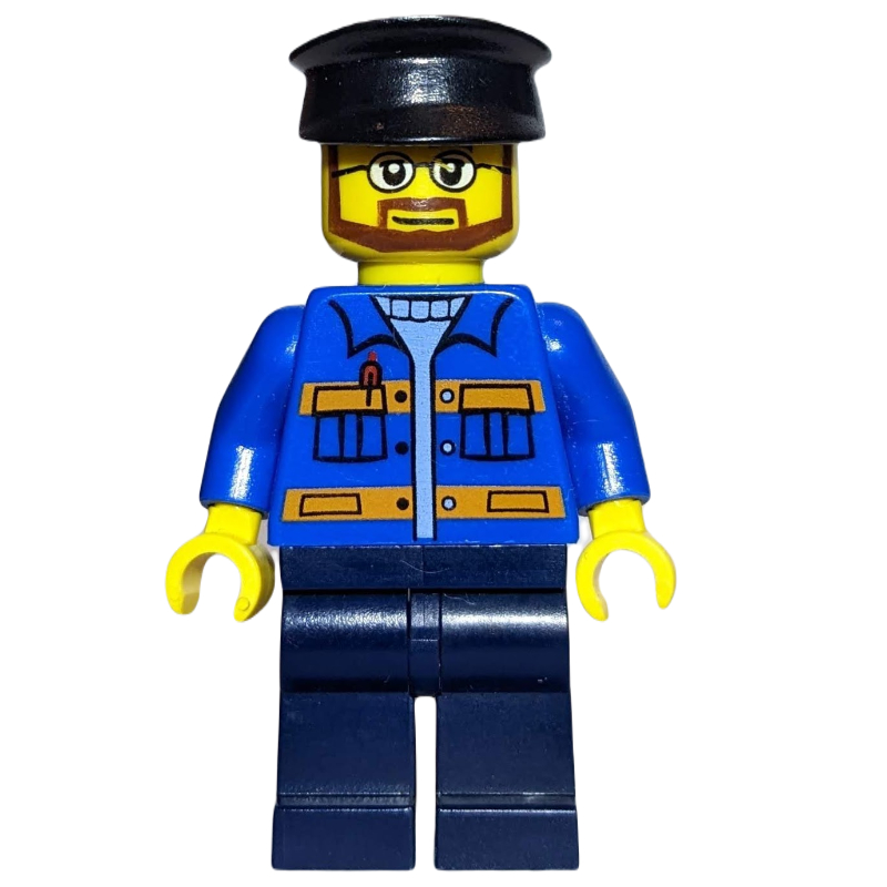 LEGO Man, Blue Jacket with Orange Stripes, Dark Blue Legs, Black Hat, Glasses and Beard (fig-007366)