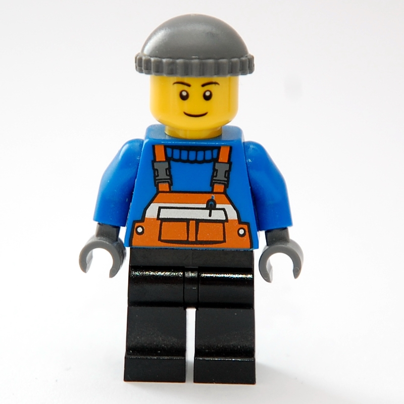 LEGO Man, Orange Overalls over Blue Sweater, Black Legs, Dark Bluish Gray Hat, Brown Eyebrows (fig-007369)