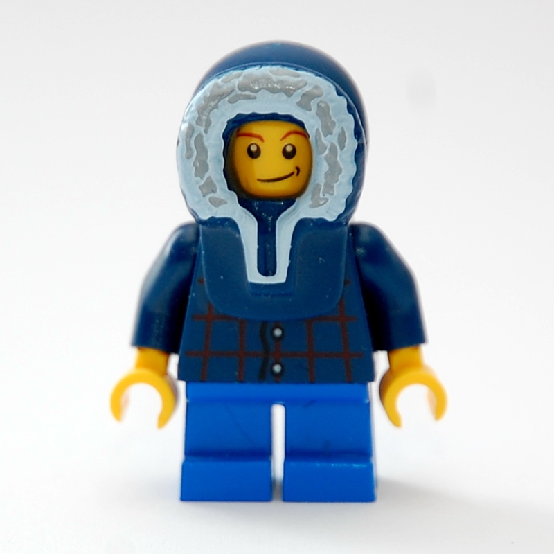LEGO Boy, Plaid Shirt, Short Blue Legs, Dark Blue Hood (fig-007370)