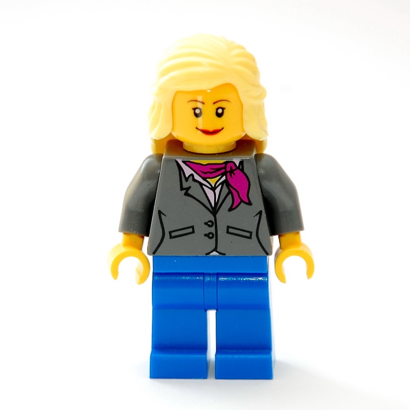 LEGO Woman, Dark Bluish Gray Jacket with Magenta Scarf, Blue Legs, Bright Light Yellow Hair (fig-007373)
