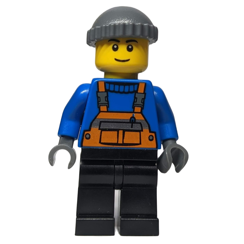 LEGO Man, Orange Overalls over Blue Sweater, Black Legs, Dark Bluish Gray Hat (fig-007375)