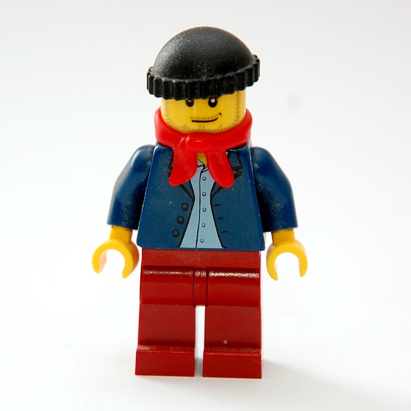 LEGO Man, Open Dark Blue Jacket, Dark Red Legs, Red Scarf, Black Hat, Stubble (fig-007376)