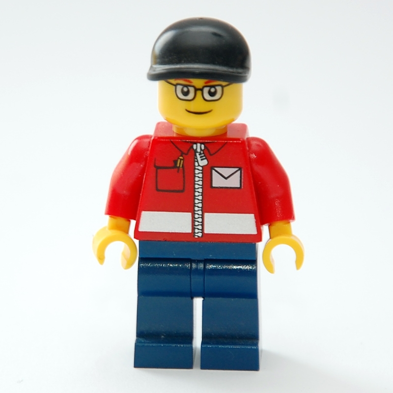 LEGO Postal Worker, Red Jacket with Zipper and Letter Logo, Dark Blue Legs, Black Cap, Glasses (fig-007381)