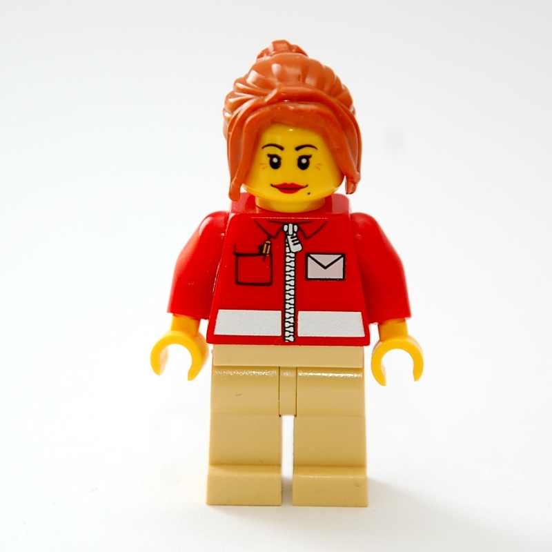 LEGO Postal Worker, Woman, Red Jacket with Zipper and Letter Logo, Dark Orange Hair (fig-007382)