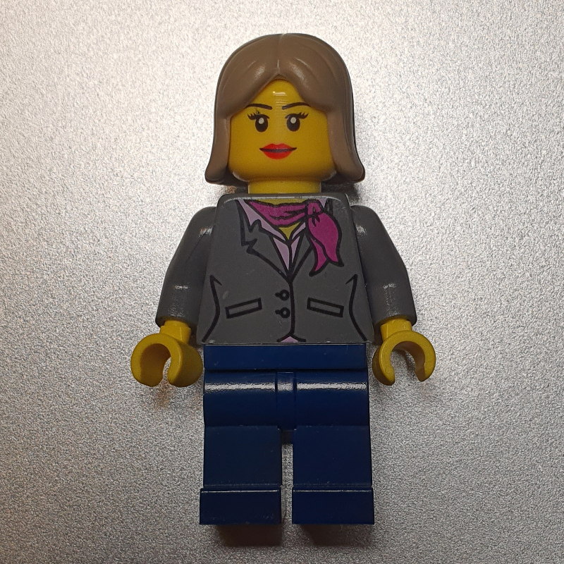 LEGO Woman, Dark Bluish Gray Jacket with Magenta Scarf, Dark Blue Legs, Dark Tan Hair (fig-007383)