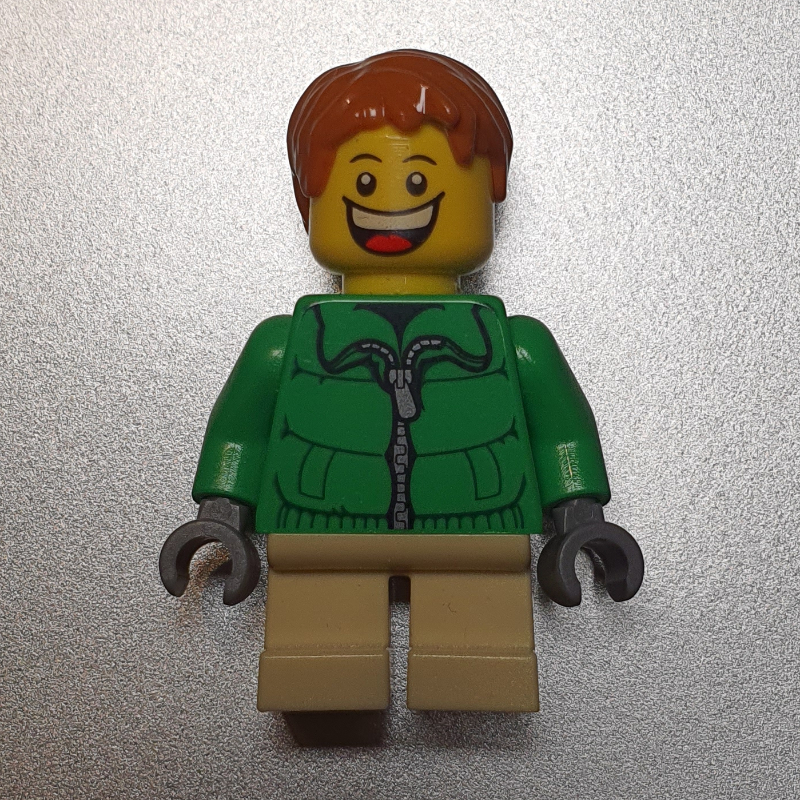 LEGO Boy, Green Jacket, Short Tan Legs, Dark Orange Hair (fig-007384)