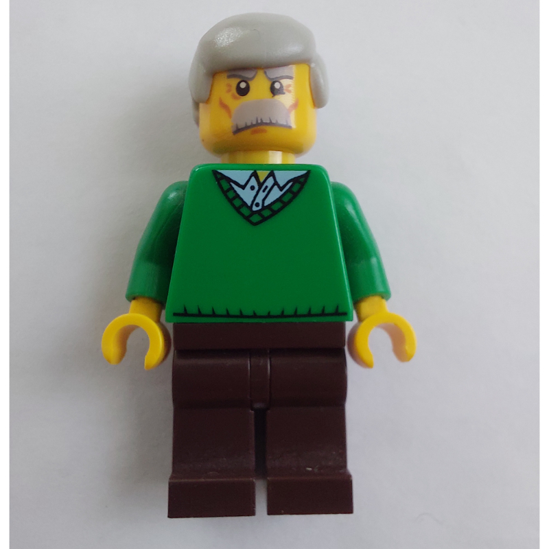 LEGO Man, Green V-Neck Sweater, Dark Brown Legs, Moustache (fig-007386)