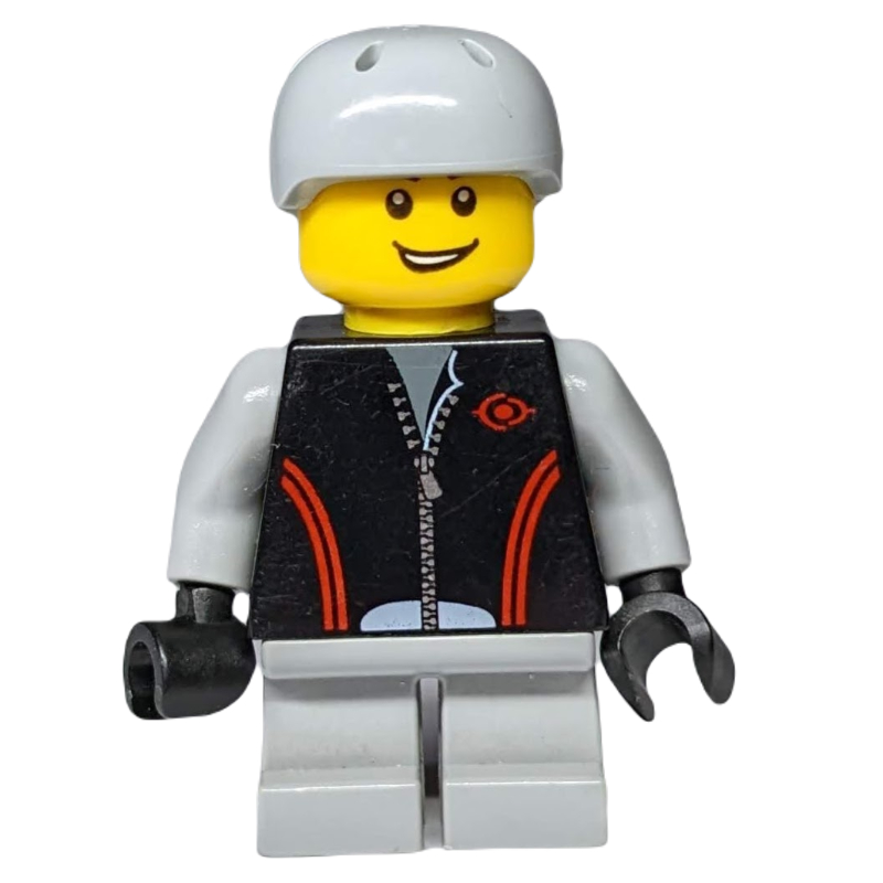 LEGO Boy, Black Jacket with Zipper, Short Light Bluish Gray Legs, Helmet (fig-007387)
