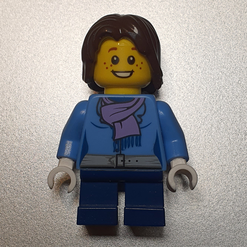 LEGO Girl, Medium Blue Jacket with Medium Lavender Scarf, Short Dark Blue Legs, Dark Brown Hair (fig-007388)