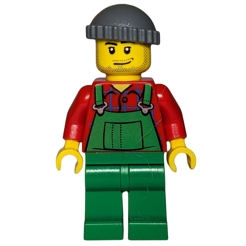LEGO Man, Green Overalls over Red Shirt, Dark Bluish Gray Hat, Stubble (fig-007389)