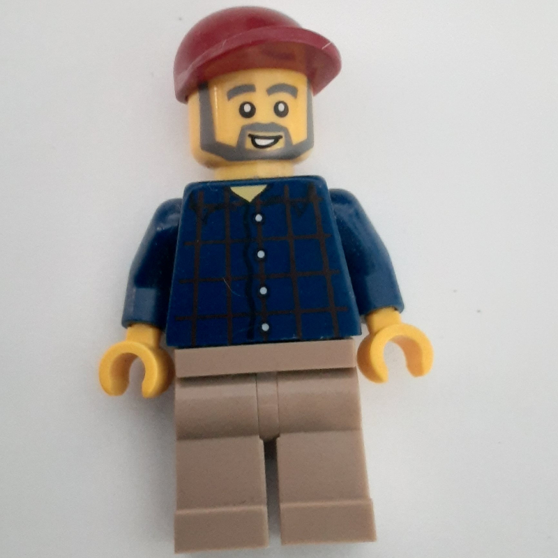 LEGO Man, Dark Blue Plaid Shirt, Tan Legs, Dark Red Cap, Beard (fig-007390)