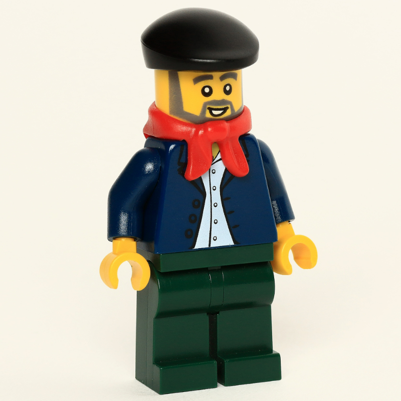 LEGO Man, Open Dark Blue Jacket, Dark Green Legs, Red Scarf, Black Beret, Beard (fig-007391)