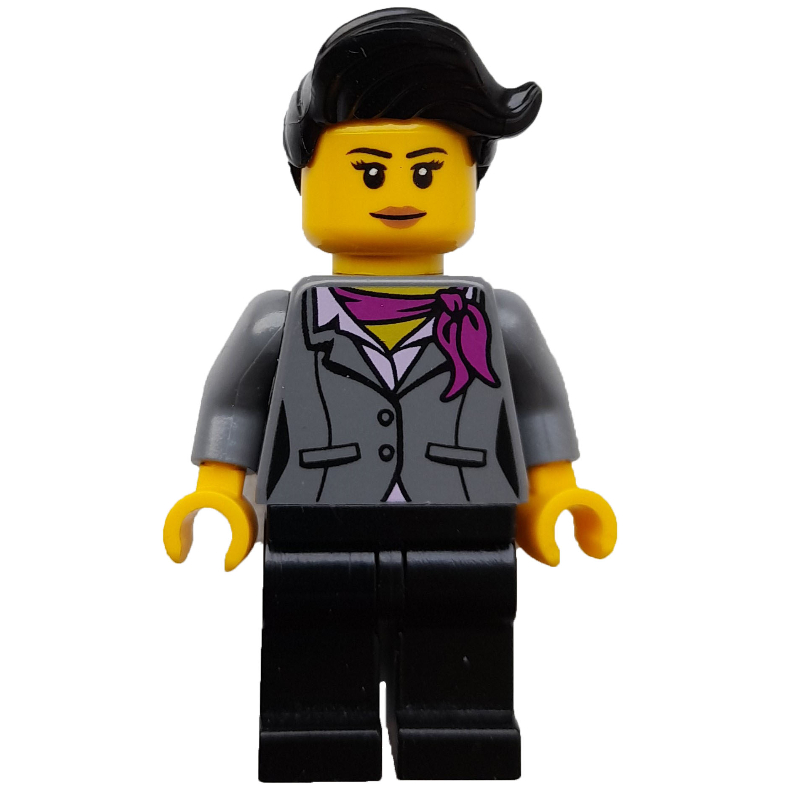 LEGO Woman, Dark Bluish Gray Jacket with Magenta Scarf, Black Legs (fig-007392)