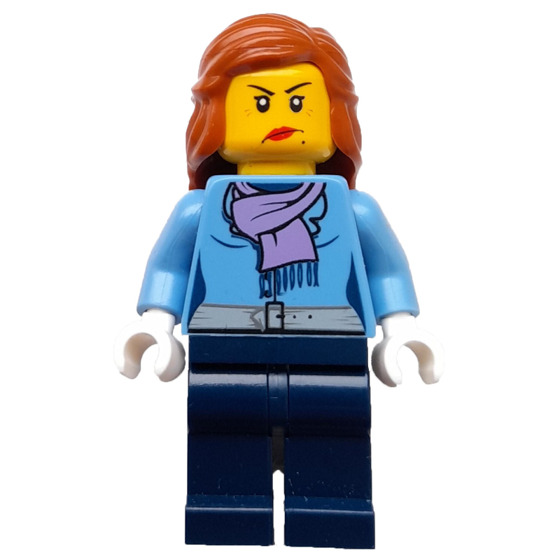 LEGO Woman, Medium Blue Jacket with Medium Lavender Scarf, Dark Blue Legs (fig-007393)