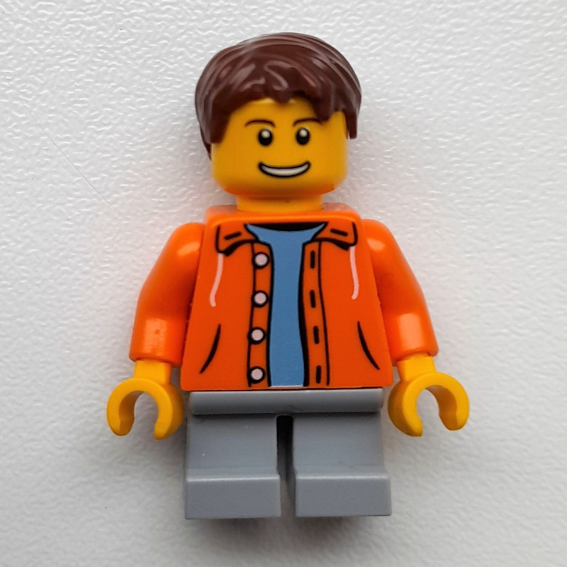 LEGO Boy, Open Orange Jacket, Short Light Bluish Gray Legs (fig-007394)