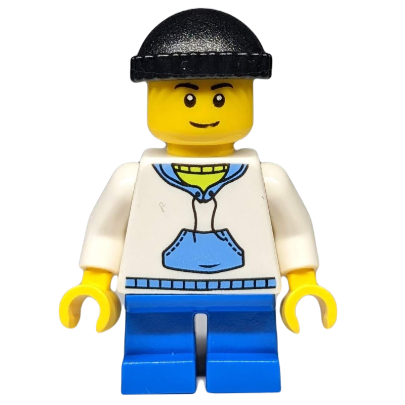 LEGO Boy, White and Blue Hoodie, Short Blue Legs, Black Hat (fig-007398)