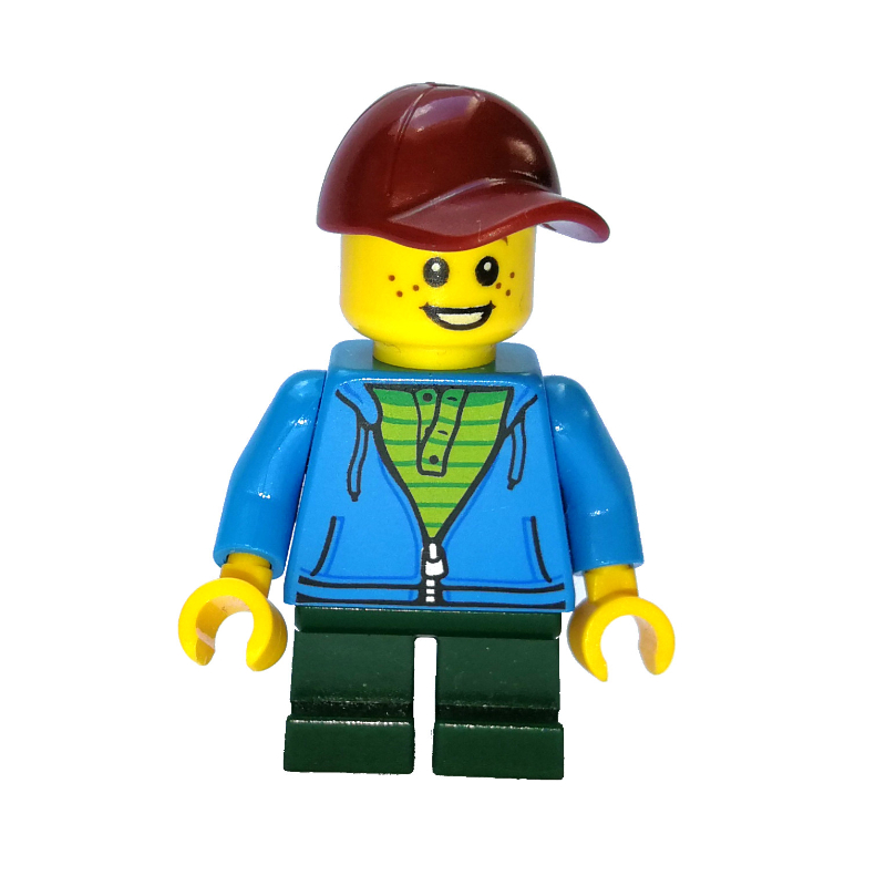 LEGO Boy, Open Dark Azure Hoodie with Zipper, Short Dark Green Legs, Dark Red Cap (fig-007401)