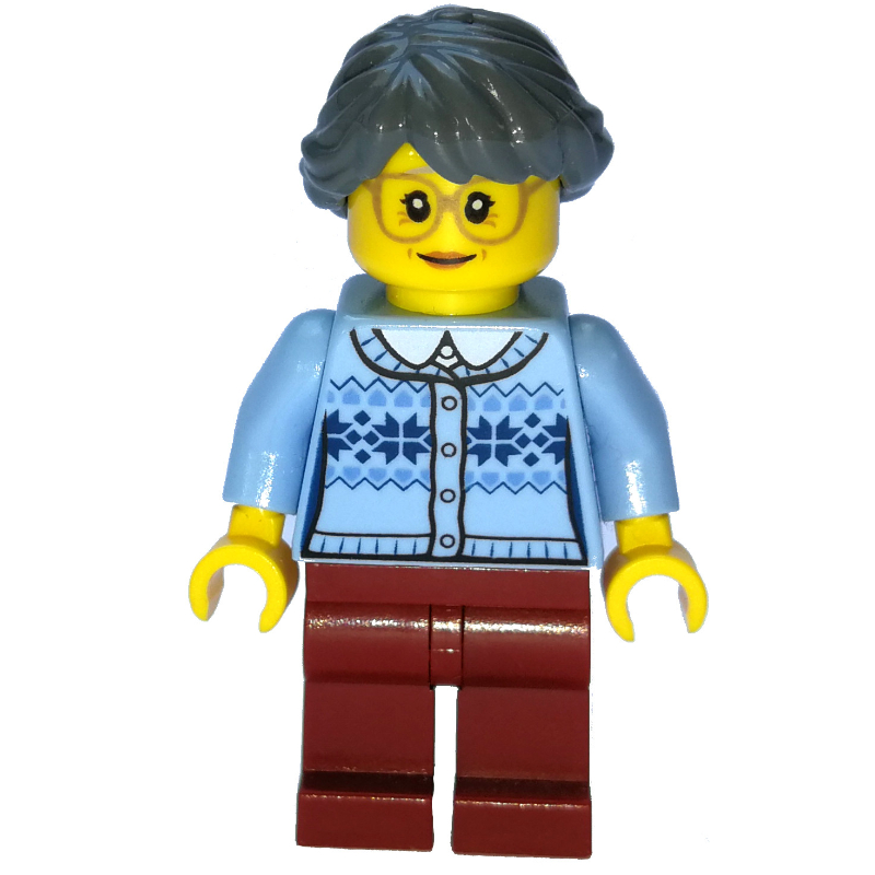 LEGO Woman, Bright Light Blue Cardigan, Dark Red Legs, Dark Grayish Blue Hair (fig-007402)