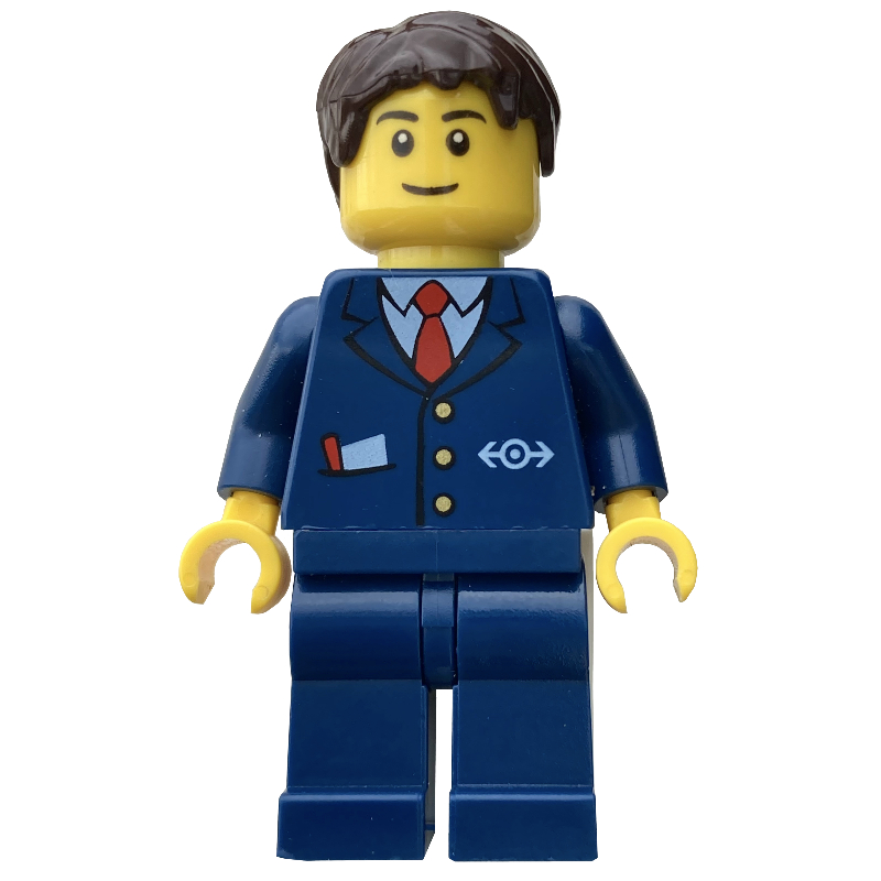LEGO Conductor, Blue Suit with Train Logo, Dark Brown Hair (fig-007404)