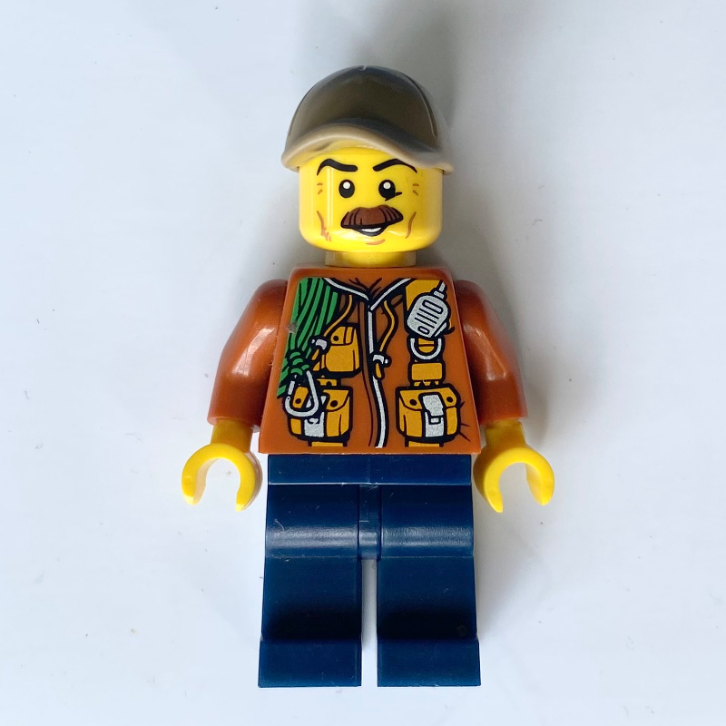 LEGO Explorer, Jacket with Pouches, Radio, and Rope, Dark Tan Cap, Moustache (fig-007408)