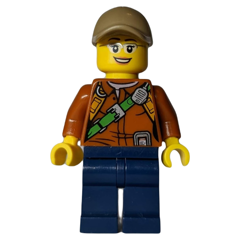 LEGO Explorer, Shirt with Radio and Green Belt, Dark Tan Cap, Glasses, Woman (fig-007409)