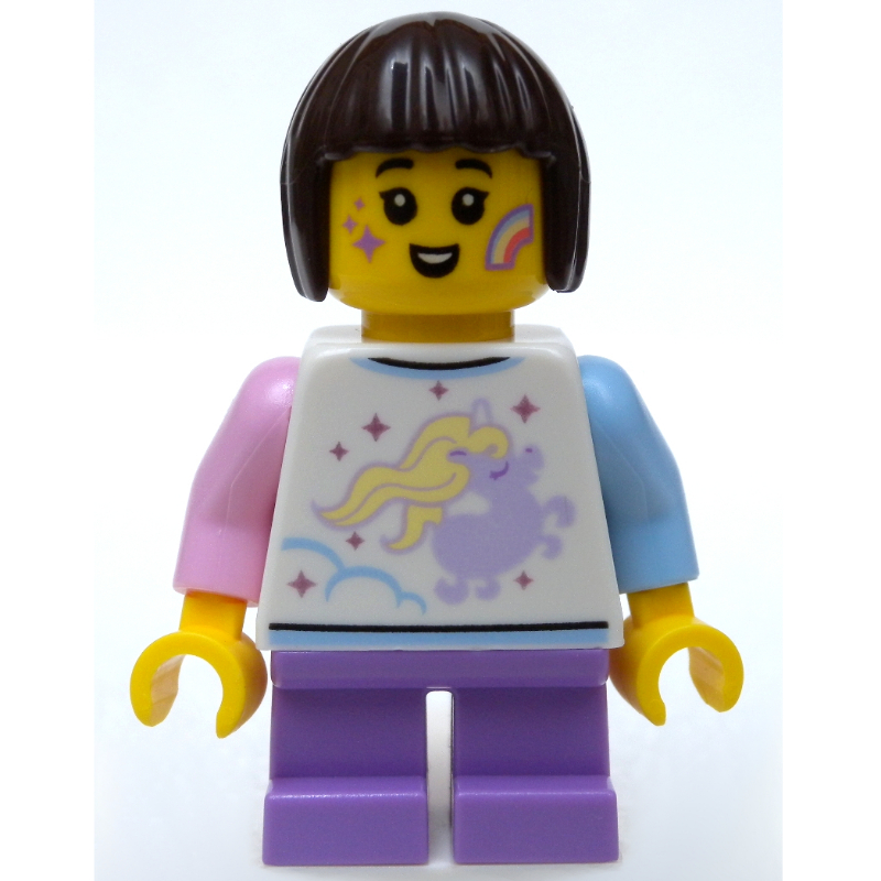LEGO Girl, White Shirt with Unicorn, Short Medium Lavender Legs, Star and Rainbow Face Paint (fig-007412)