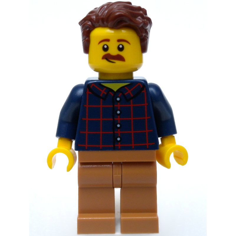 LEGO Man, Dark Blue Plaid Shirt, Medium Nougat Legs, Moustache (fig-007413)