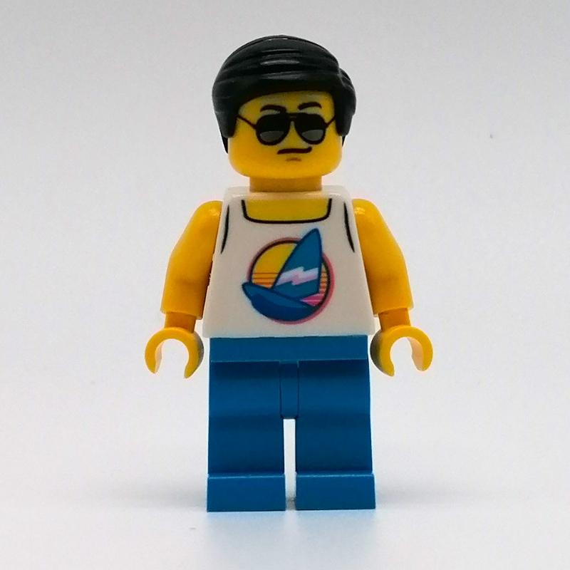 LEGO Man, White Tank Top with Windsurfer, Dark Azure Legs, Sunglasses (fig-007417)
