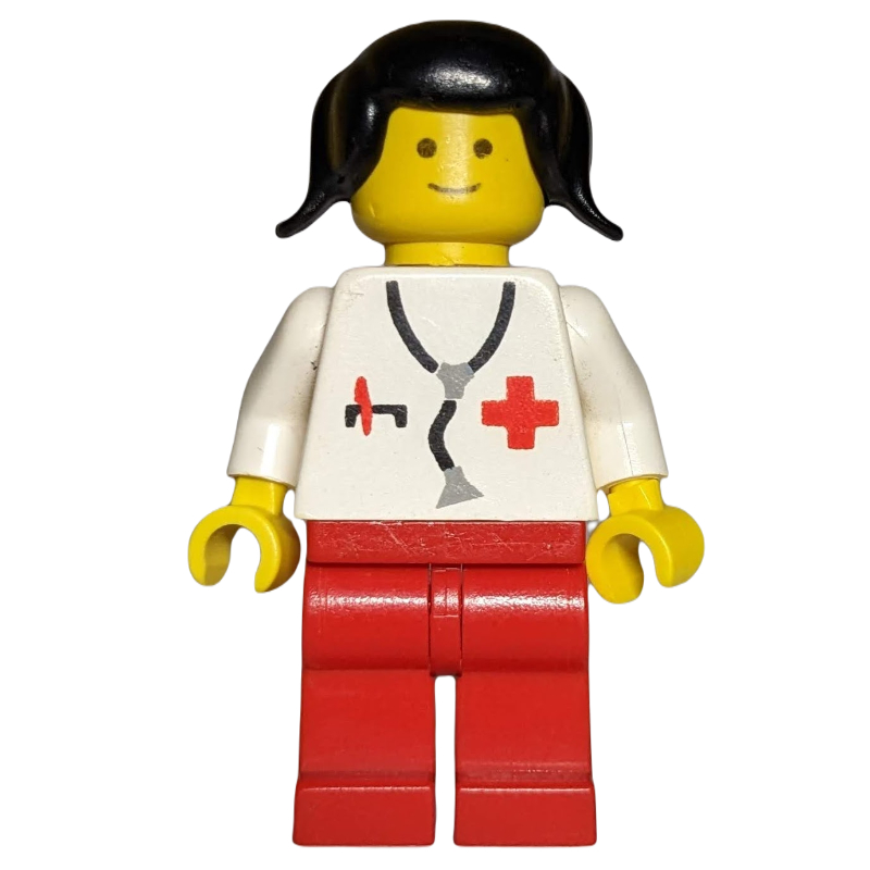 LEGO Doctor, Woman, White Torso with Stethoscope and Red Cross, Red Legs, Black Hair (3626b Head) (fig-007423)