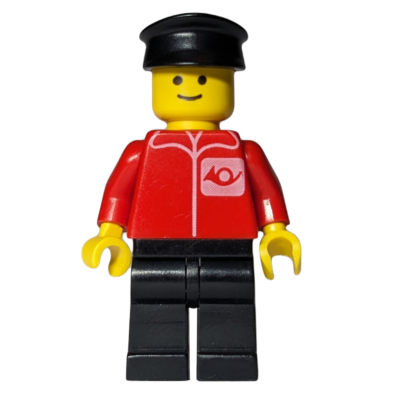 LEGO Postal Worker, Red Shirt with Horn Logo, Black Legs, Black Hat (3626b Head) (fig-007425)